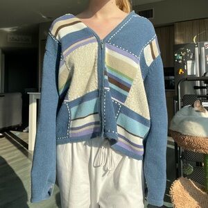 American Vintage 90s/Y2K Zip-Up Cardigan Sweater knit patchwork full zip winter